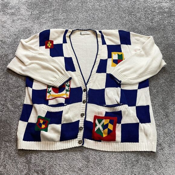 Liz Claiborne Sweaters - Elisabeth Liz Claiborne Cardigan Sweater Womens 3X White Blue Check Knit Vintage